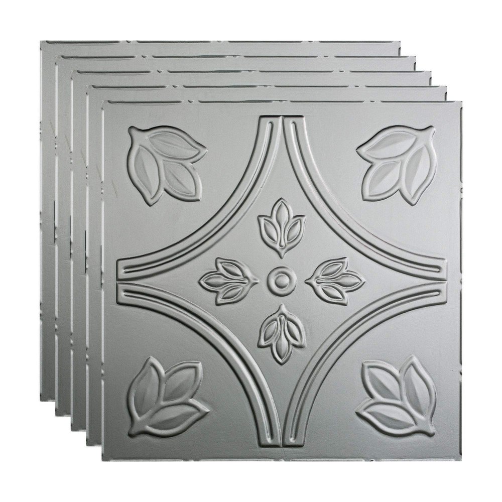 FASDE Traditional Style/Pattern 5 Decorative Vinyl 2ft x 2ft Lay in Ceiling Panel in Argent Silver (5 Pack)