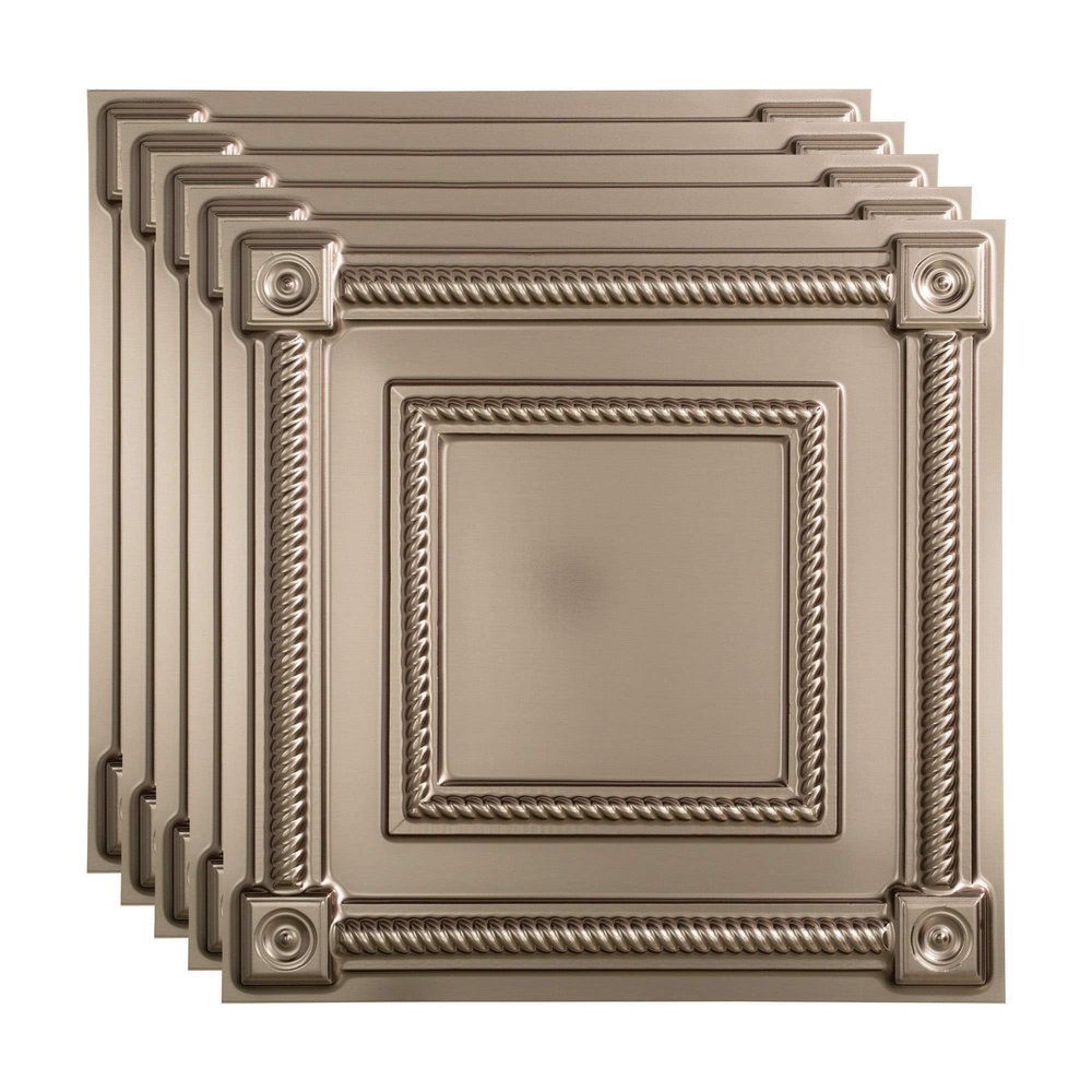 FASDE Coffer Decorative Vinyl 2ft x 2ft Lay in Ceiling Panel in Brushed Nickel (5 Pack)