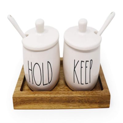 Rae Dunn by Magenta HOLD KEEP 5 Piece Ceramic LL Condiment Pots Container Jars Set With Lids Serving Spoons & Wood Tray 2020 Limited Edition