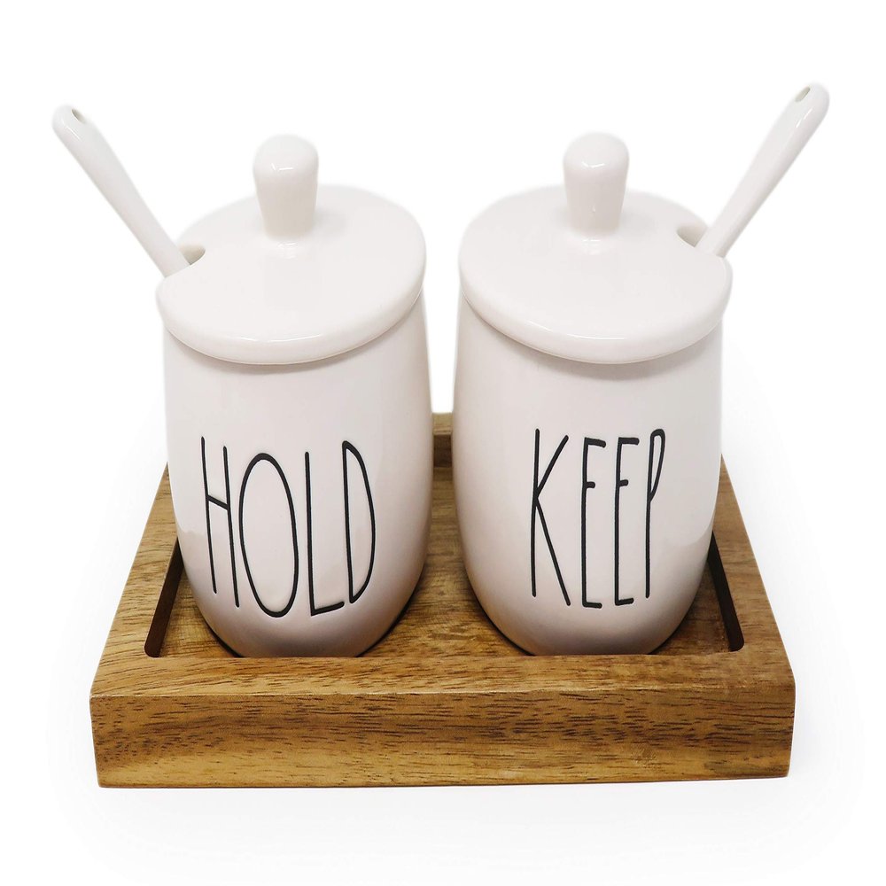 Rae Dunn by Magenta HOLD KEEP 5 Piece Ceramic LL Condiment Pots Container Jars Set With Lids Serving Spoons & Wood Tray 2020 Limited Edition