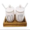Rae Dunn by Magenta HOLD KEEP 5 Piece Ceramic LL Condiment Pots Container Jars Set With Lids Serving Spoons & Wood Tray 2020 Limited Edition view 1