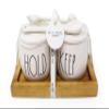 Rae Dunn by Magenta HOLD KEEP 5 Piece Ceramic LL Condiment Pots Container Jars Set With Lids Serving Spoons & Wood Tray 2020 Limited Edition view 2