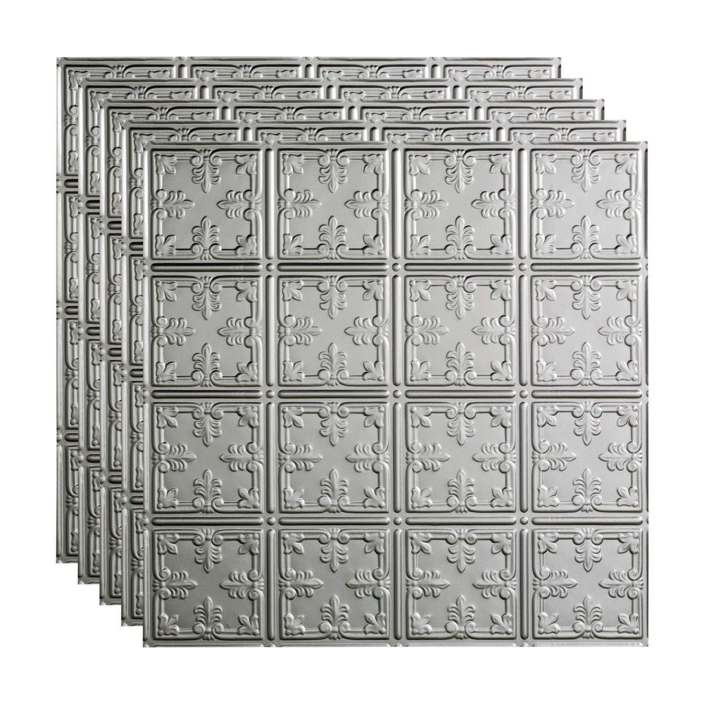 FASDE Traditional Style/Pattern 10 Decorative Vinyl 2ft x 2ft Lay in Ceiling Panel in Argent Silver (5 Pack)