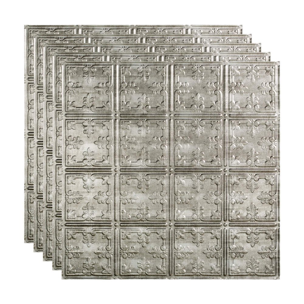FASDE Traditional Style/Pattern 10 Decorative Vinyl 2ft x 2ft Lay in Ceiling Panel in Crosshatch Silver (5 Pack)