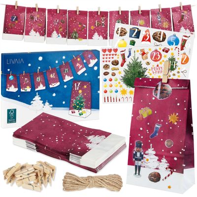 DIY Advent Calendar: Beautiful Craft Advent Calendar 2022 with 24 Paper Treat Bags and Sticker Paper with Numbers Empty Adult Advent Calendar to Fill Yourself Christmas Advent Calendar LIVAIA