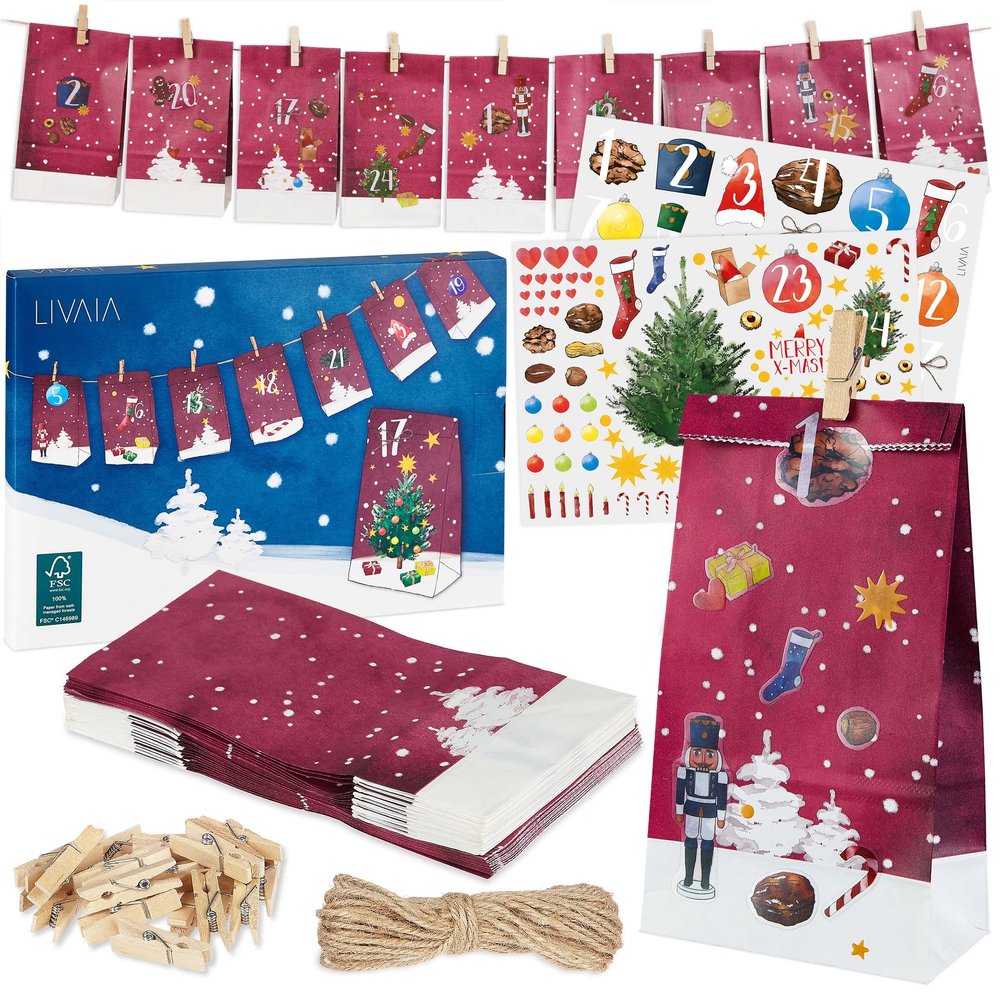 DIY Advent Calendar: Beautiful Craft Advent Calendar 2022 with 24 Paper Treat Bags and Sticker Paper with Numbers Empty Adult Advent Calendar to Fill Yourself Christmas Advent Calendar LIVAIA