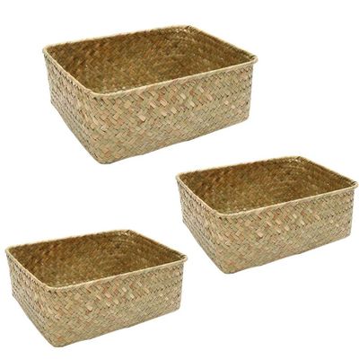 Cabilock 3pcs Woven Tea Storage Basket Natural Sea Grass Sundries Organizer for Picnic Clutter Container Khaki