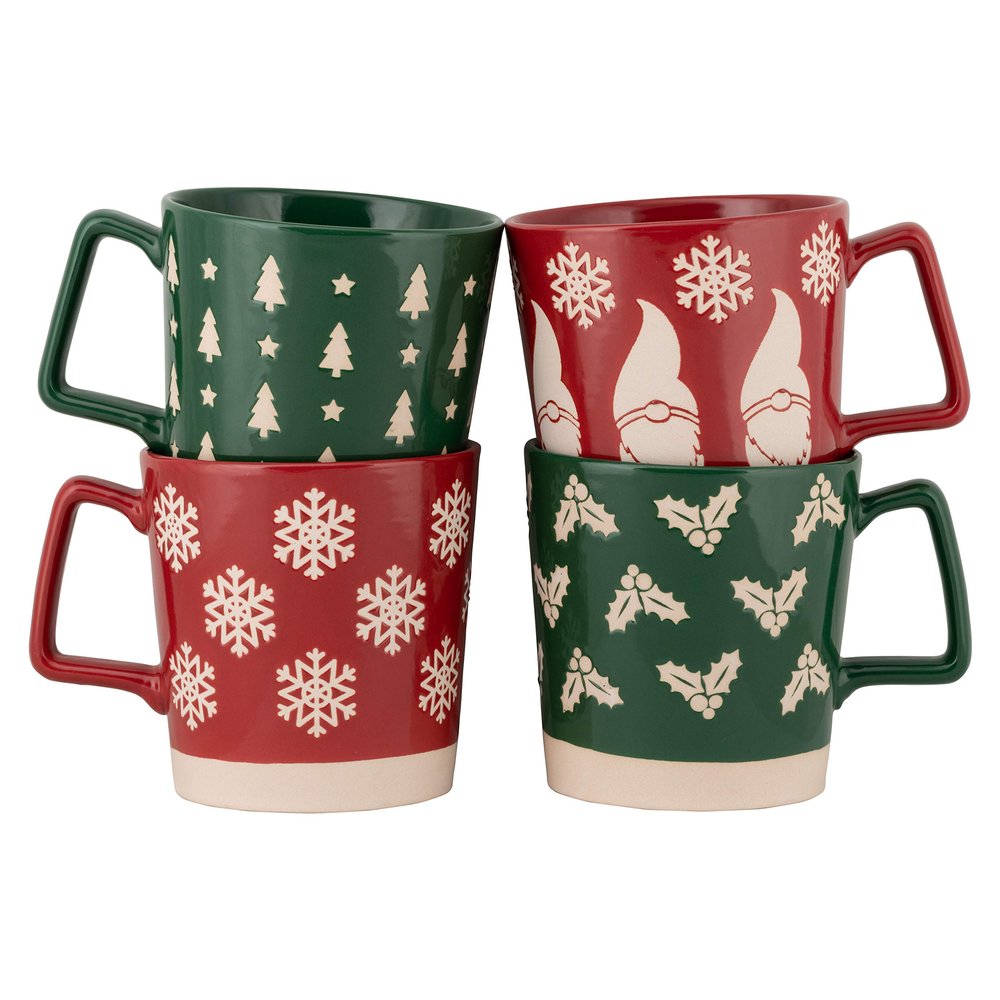 10 Strawberry Street Ceramic Assorted Holiday Set of 4 Mugs, Red/Green