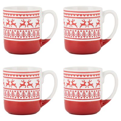 10 Strawberry Street Embossed Reindeer Ceramic Mug, Set of 4 (Red), S4MUG-XMAS