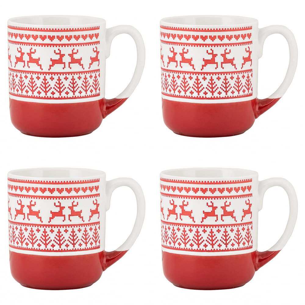 10 Strawberry Street Embossed Reindeer Ceramic Mug, Set of 4 (Red), S4MUG-XMAS