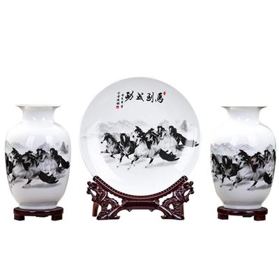 Jingdezhen vase Decoration Living Room Flower Arrangement Ceramic Home Decoration, Three-Piece Chinese Living Room TV Wine Cabinet Decoration