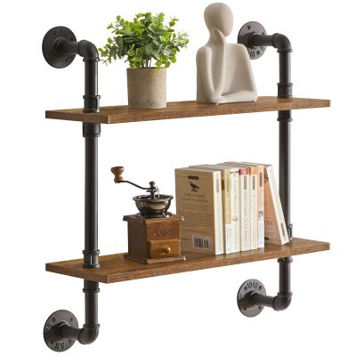YMYNY Industrial Pipe Shelf Bracket, 2 Tiers Retro Wall Mounted Floating Shelf, Wood DIY Bookshelf, Storage Shelves for Living Room, Bedroom, 24" Farmhouse Bathroom Shelving, HD-UHRF-TM004