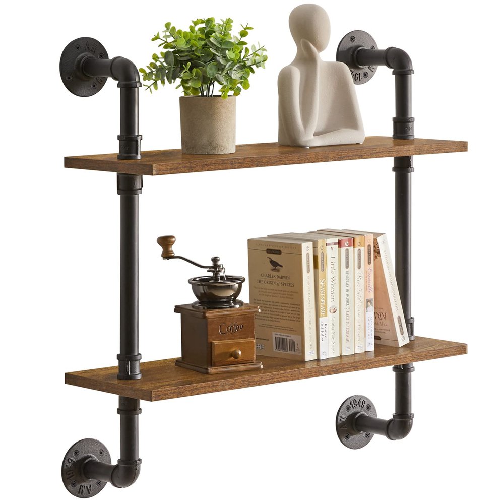 YMYNY Industrial Pipe Shelf Bracket, 2 Tiers Retro Wall Mounted Floating Shelf, Wood DIY Bookshelf, Storage Shelves for Living Room, Bedroom, 24" Farmhouse Bathroom Shelving, HD-UHRF-TM004