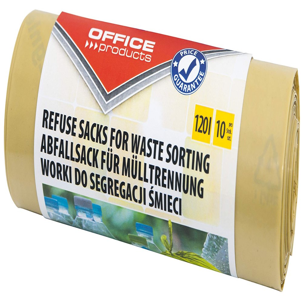 Office Products 22025232-06 - 120L Trash Bags for Recycling, Tear-Resistant Plastic (LDPE), Color: Yellow, Pack of 10