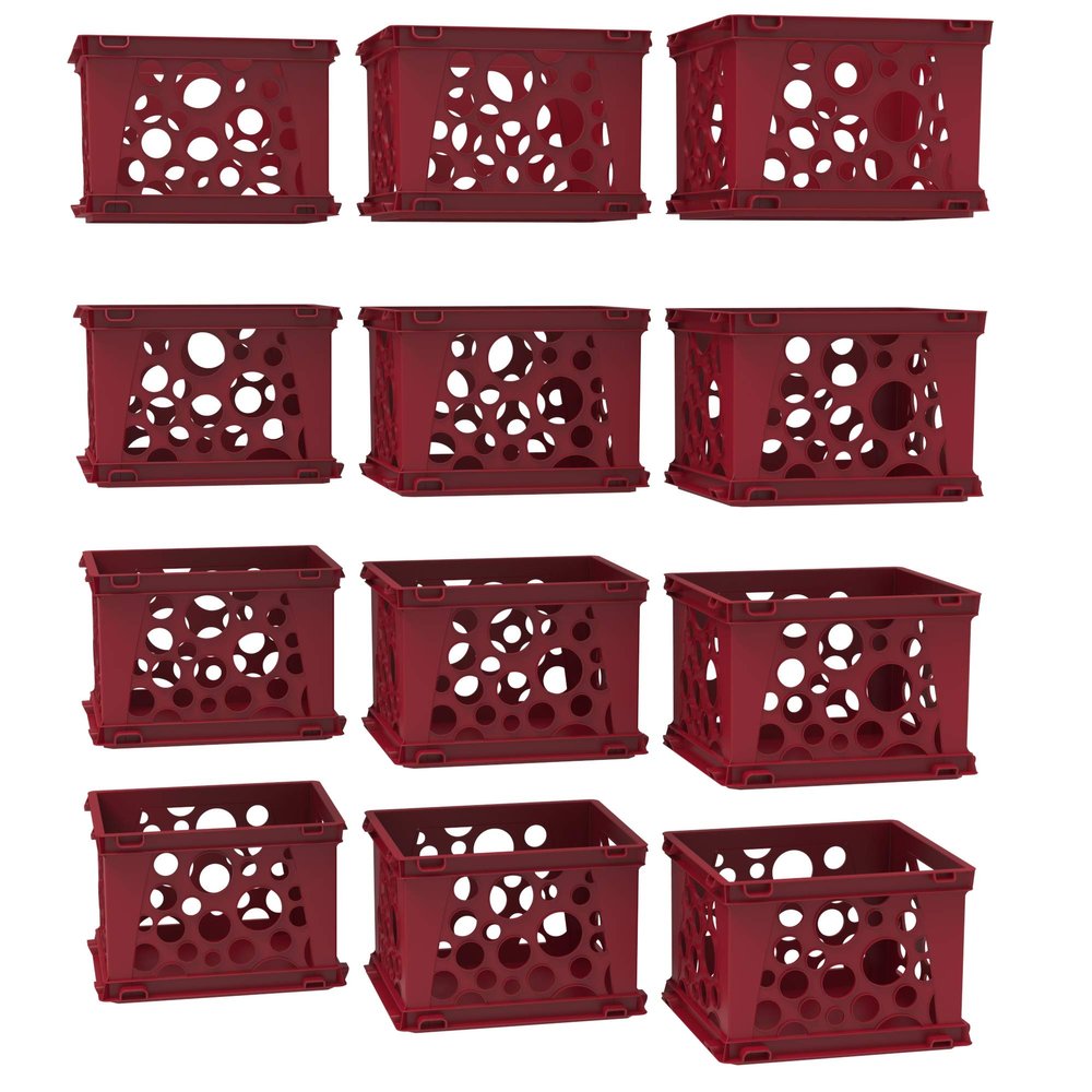 Storex Mini Crates  Stackable Small Storage Crates for Desktop Organization, 9 x 7.75 x 6 inches, School Red, 12-Pack (61593U12S)