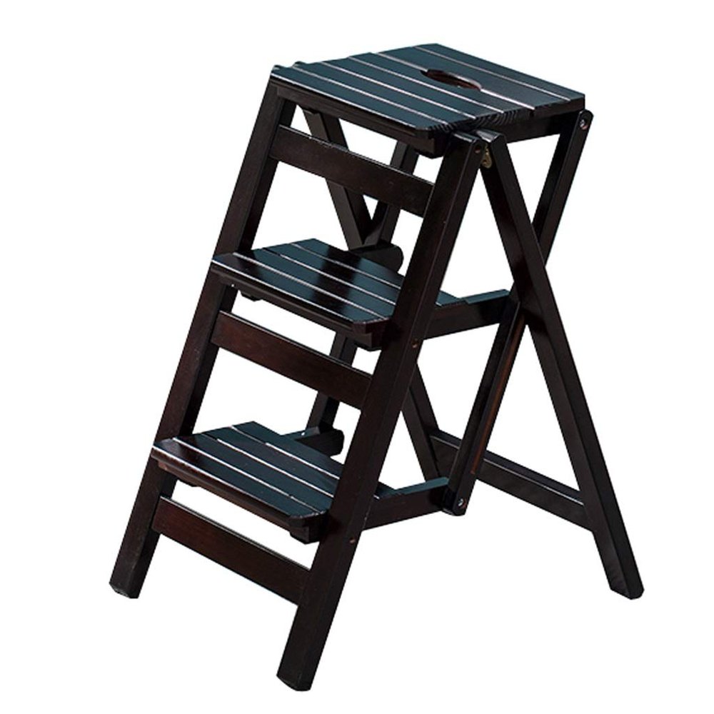 Folding Ladder Stool Staircase Chair Multi-Purpose Foldable Wood Ladder Stool, Step Stool for Adults & Kids Household Step-ladder Safety Non-Slip, Black Walnut