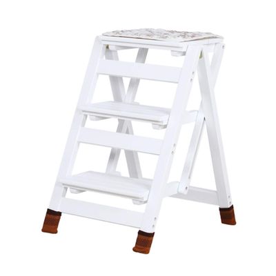 White Folding Ladder Stool Staircase Chair Multi-Purpose Foldable Wood Ladder Stool, Step Stool for Adults & Kids Household Step-ladder Safety Non-Slip, Max. 150kg