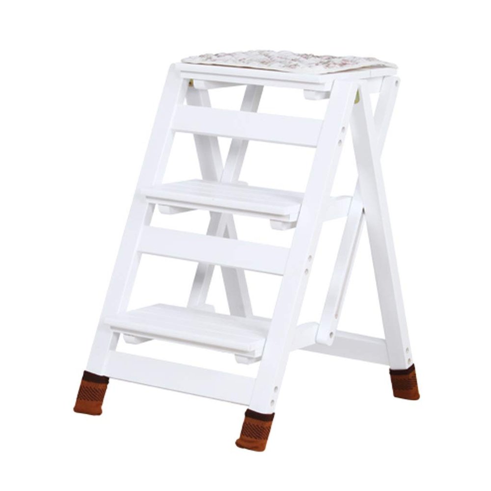 White Folding Ladder Stool Staircase Chair Multi-Purpose Foldable Wood Ladder Stool, Step Stool for Adults & Kids Household Step-ladder Safety Non-Slip, Max. 150kg