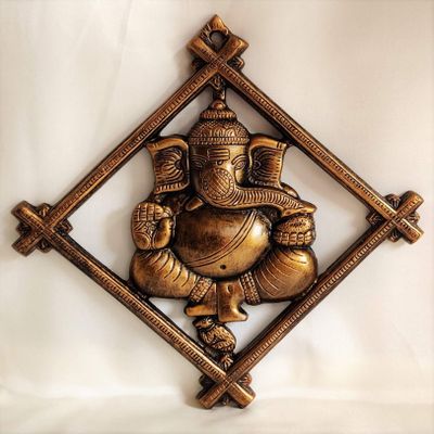 Akriti Brass Art Wares Metal Lord Ganesha Square Frame Wall Hanging Showpiece for Entrance Door, Living Room Metal Decorative Wall L*B*H - 30 * 2 * 32CM (Brown)