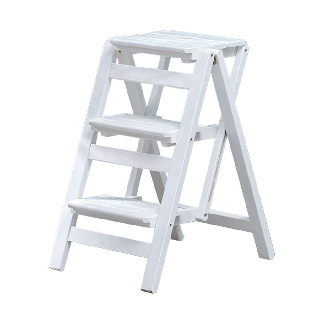 Step Stool Wood Ladder Stool Library Ascend Ladder - Lightweight Foldable for Adults Kids, Kitchen Loft Camping Indoor Outdoor Use, Safety Non-Slip, White