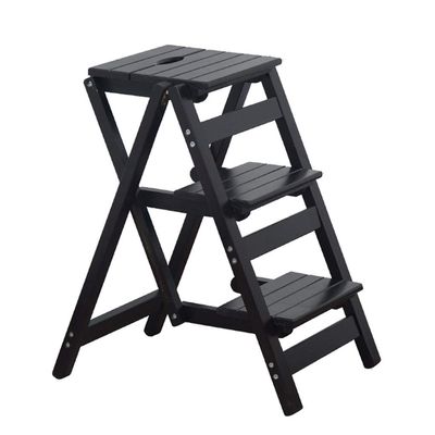 Step stool Wooden Ladder Chair Stool 3 Steps Portable and Foldable Stepladder for Adults Kids Safety Non-Slip Heavy Duty Multi-Purpose,150kg Capacity, Black Walnut