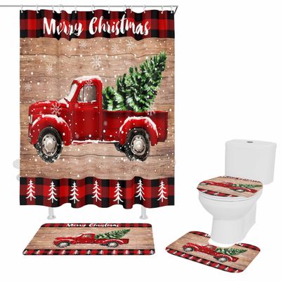 4 Pcs Shower Curtain Sets with Non-Slip Rugs, Toilet Lid Cover, Bath Mat Merry Christmas Red Truck Pull Xmas Tree on Retro Wooden Board Bathroom Decor Waterproof Shower Curtain with 12 Hooks