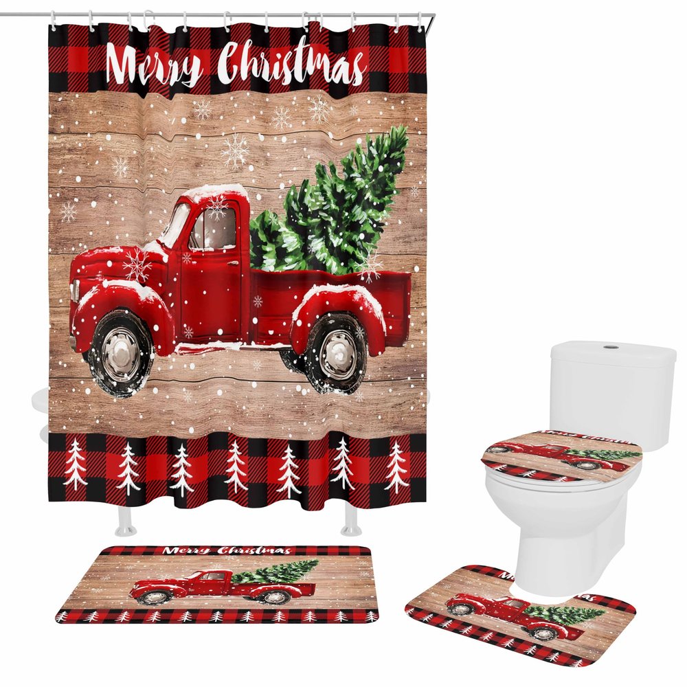 4 Pcs Shower Curtain Sets with Non-Slip Rugs, Toilet Lid Cover, Bath Mat Merry Christmas Red Truck Pull Xmas Tree on Retro Wooden Board Bathroom Decor Waterproof Shower Curtain with 12 Hooks