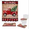 4 Pcs Shower Curtain Sets with Non-Slip Rugs, Toilet Lid Cover, Bath Mat Merry Christmas Red Truck Pull Xmas Tree on Retro Wooden Board Bathroom Decor Waterproof Shower Curtain with 12 Hooks view 1