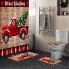 4 Pcs Shower Curtain Sets with Non-Slip Rugs, Toilet Lid Cover, Bath Mat Merry Christmas Red Truck Pull Xmas Tree on Retro Wooden Board Bathroom Decor Waterproof Shower Curtain with 12 Hooks view 2