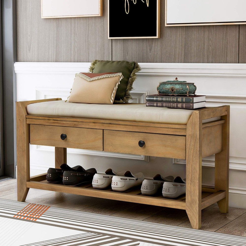 P PURLOVE Entryway Storage Bench with Cushioned Seat Shoe Rack with 2 Drawers and Storage Shelf, Old Pine