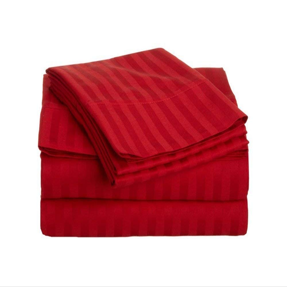 Elf Linen Luxurious 1500 Thread Count 100% Pima Cotton 4-Piece Bed Sheet Set, Queen, Red Stripe Pattern (Fits Mattress Up to 18-20" Deep Pocket)