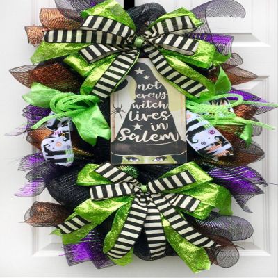 Artisan Salem witch Halloween swag for front door or inside decorations. Very full, made with black & metallic mesh, ribbon, and measures 31' H X 21' W