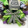 Artisan Salem witch Halloween swag for front door or inside decorations. Very full, made with black & metallic mesh, ribbon, and measures 31' H X 21' W view 2