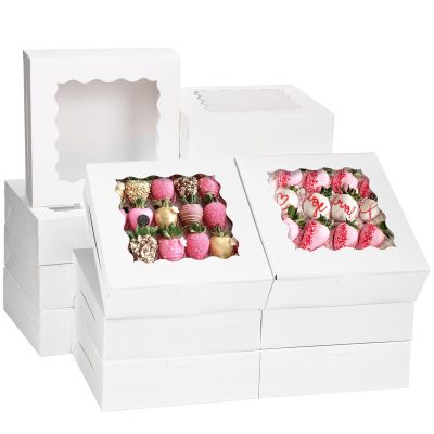 Moretoes 30pcs Bakery Boxes, 8x8x2.5 Cookie Boxes with Window, White Treat Containers for Donuts, Chocolate Strawberries, Pie, Birthday Party, Mother's Day, Weddings