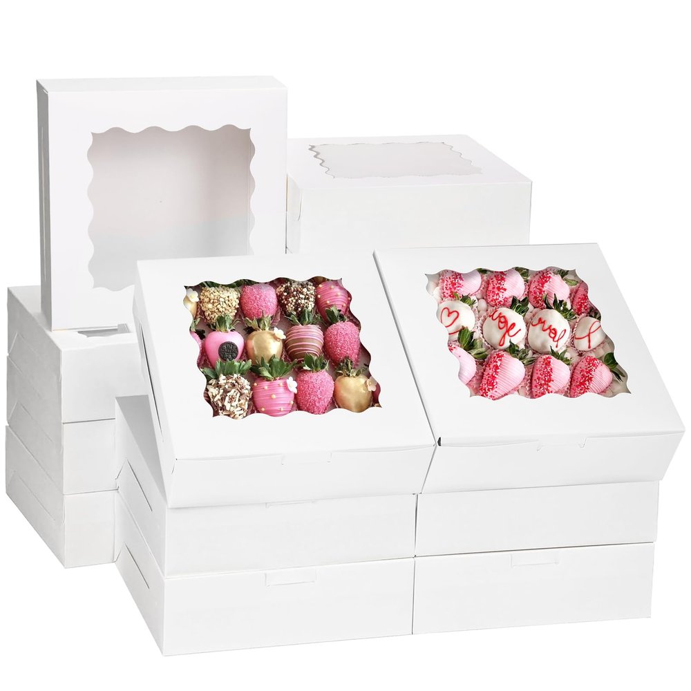 Moretoes 30pcs Bakery Boxes, 8x8x2.5 Cookie Boxes with Window, White Treat Containers for Donuts, Chocolate Strawberries, Pie, Birthday Party, Mother's Day, Weddings