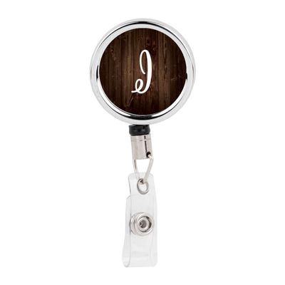 Andaz Press Retractable Badge Reel Holder with Clip, Heavy Duty Metal Name Tag Retractable ID Key Belt Clip Rustic Wood Monogram, Rustic Monogram I
