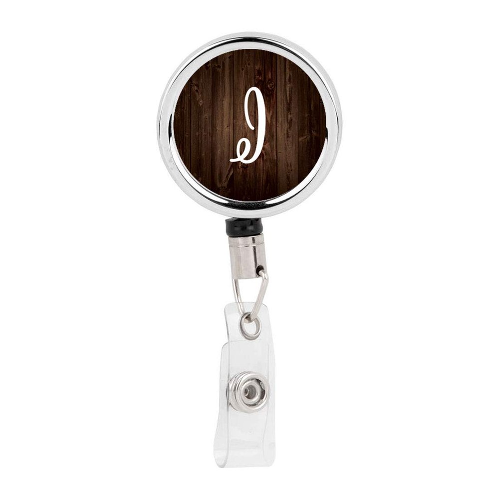 Andaz Press Retractable Badge Reel Holder with Clip, Heavy Duty Metal Name Tag Retractable ID Key Belt Clip Rustic Wood Monogram, Rustic Monogram I