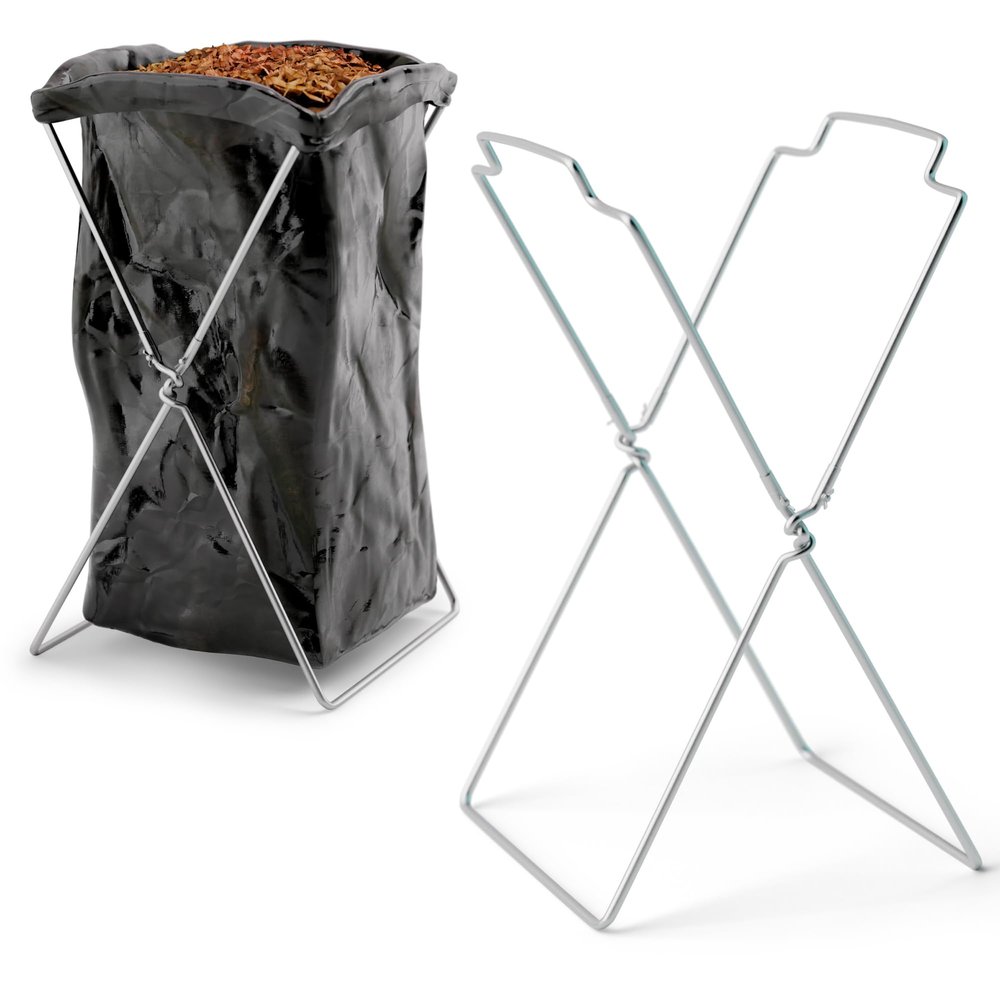 APQ Supply Outdoor Trash Bag Holder for Plastic Bags, 18 x 14 x 32 Inches. Portable Garbage Bag Holder. Folding Wire Holders for Lawn. Collapsible X-Frame Stand Bags for Garden, Laundry, Yard