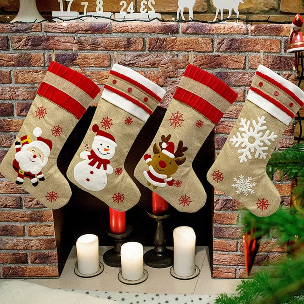 4 Pack Christmas Stockings Burlap Embroidery Family Large Stocking for Fireplace Hanging Holiday Decorations
