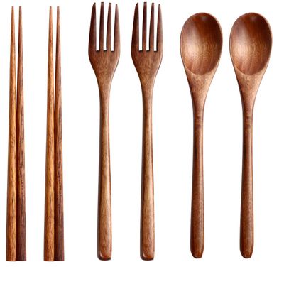 Hemoton Reusable Bamboo Silverware Set with Chopsticks Forks and Spoons 6-Piece Flatware for Camping Outdoor Dining and Family Meals