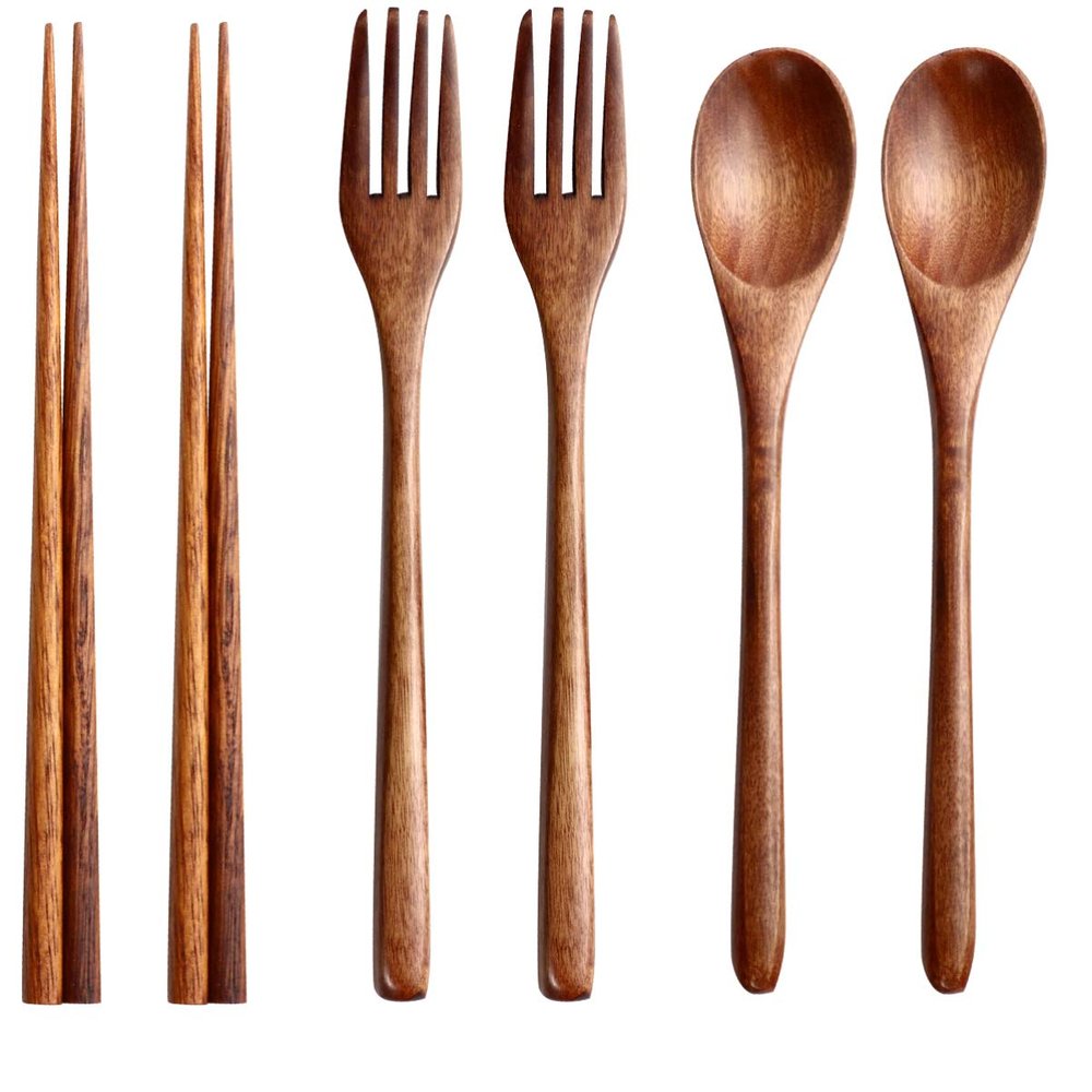 Hemoton Reusable Bamboo Silverware Set with Chopsticks Forks and Spoons 6-Piece Flatware for Camping Outdoor Dining and Family Meals