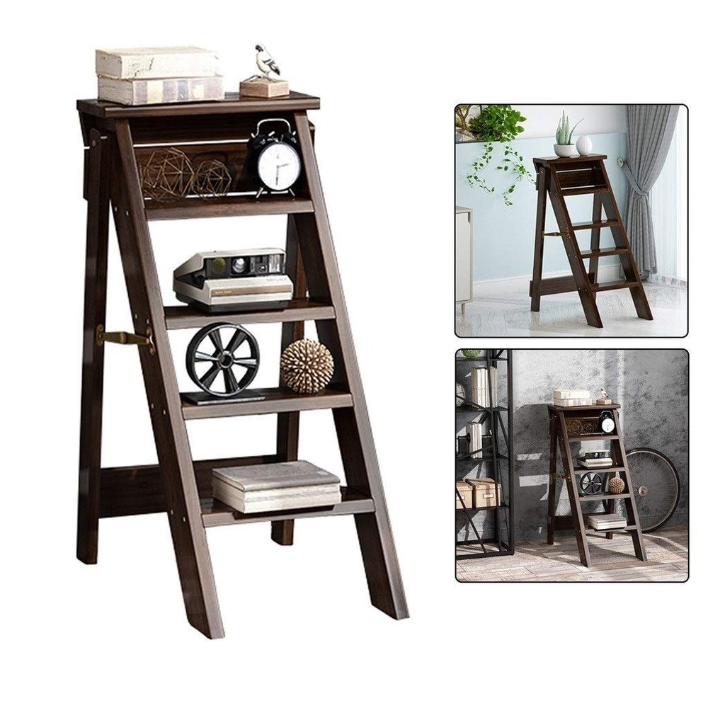 ZHZ-DT Ladder Chair 5 Steps Folding Wooden Ladder Stool for Adults Kids Multifunctional Safety Non-Slip, Brown