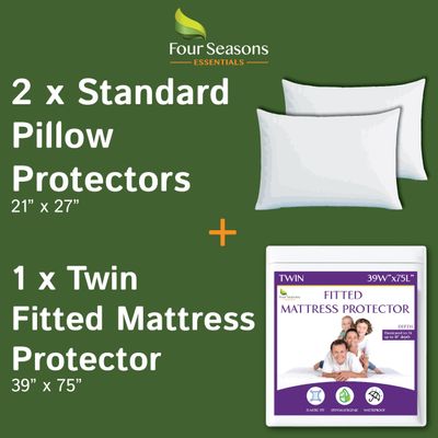 Bundle - 2 Items: Twin Size Fitted Sheet Mattress Cover + Standard Waterproof Zippered Pillow Protectors (2PC)