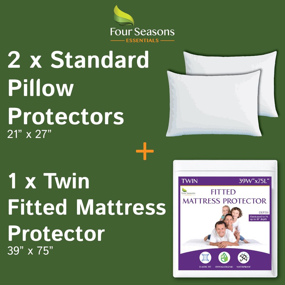Bundle - 2 Items: Twin Size Fitted Sheet Mattress Cover + Standard Waterproof Zippered Pillow Protectors (2PC)