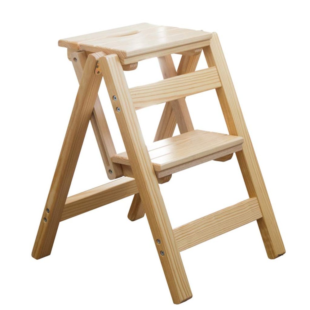 ZHZ-DT Ladder Stool 2/3 Step | Wooden Stepladder | Folding Ladder Chair | Multifunctional Safety Non-Slip Step Stool for Adults Kids, Household Office Kitchen Library, Natural (Size : 2-Step)