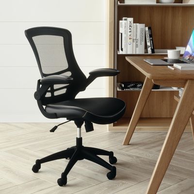 BizChair Mid-Back Black Mesh Swivel Ergonomic Task Office Chair with LeatherSoft Seat and Flip-Up Arms