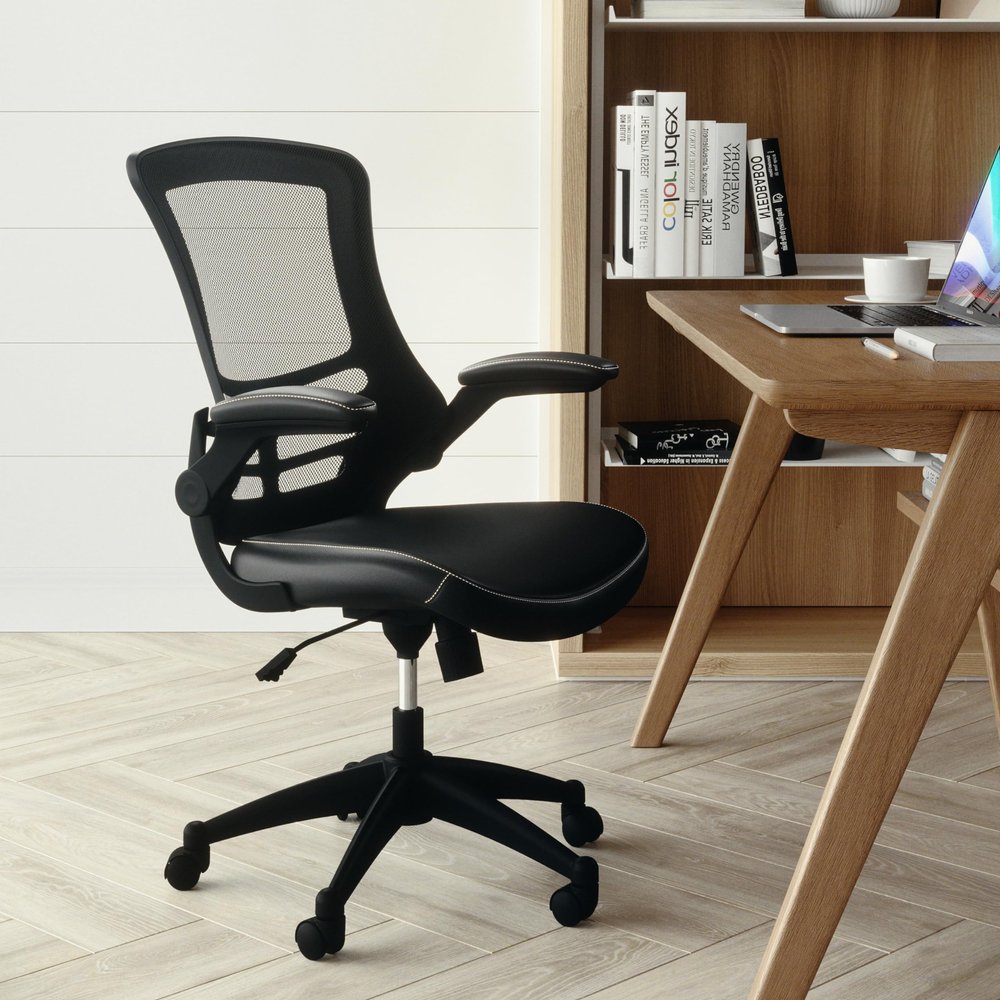 BizChair Mid-Back Black Mesh Swivel Ergonomic Task Office Chair with LeatherSoft Seat and Flip-Up Arms