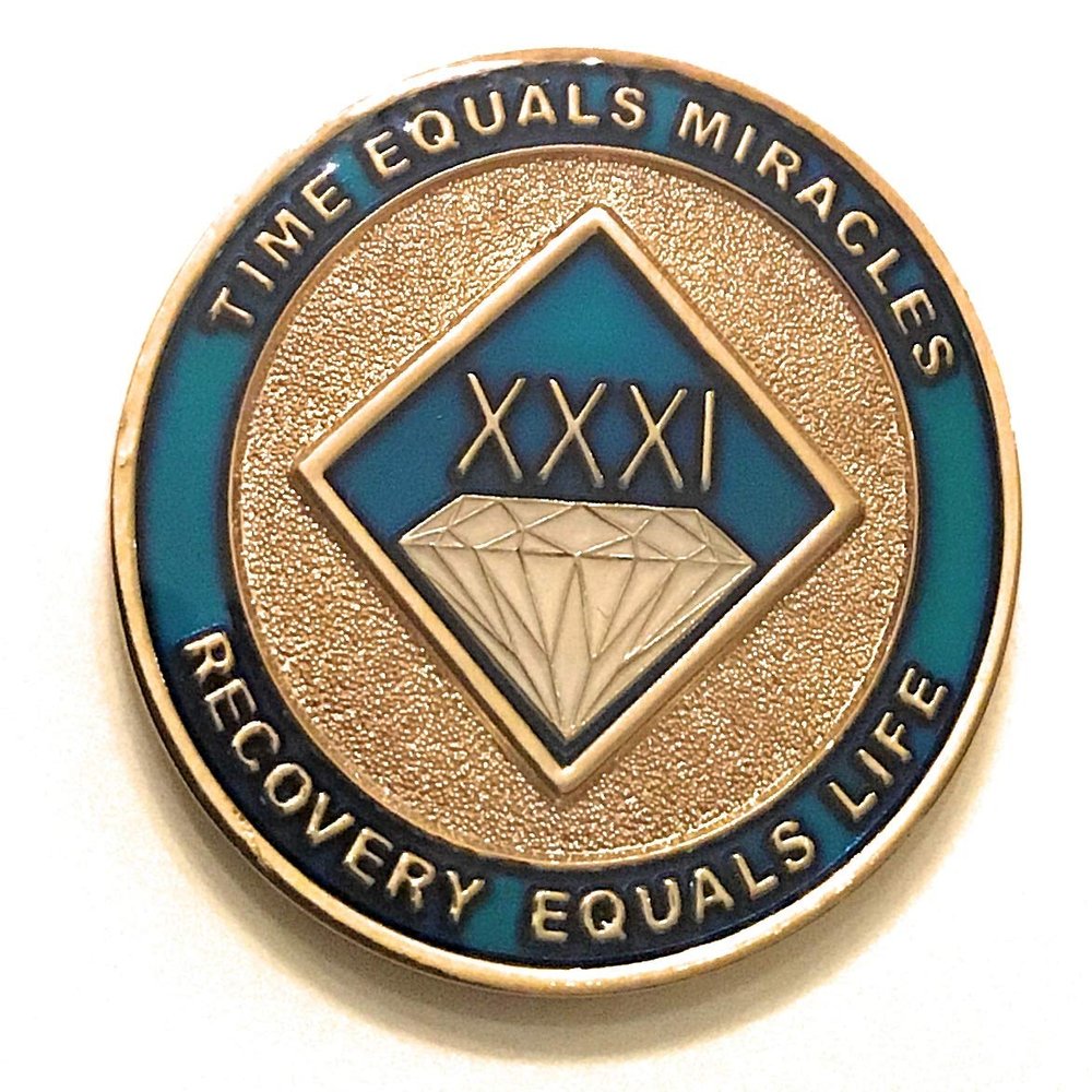 31 Year NA Blue & Gold Diamond Style Recovery, Clean, Medallion, Chip, Coin, Token