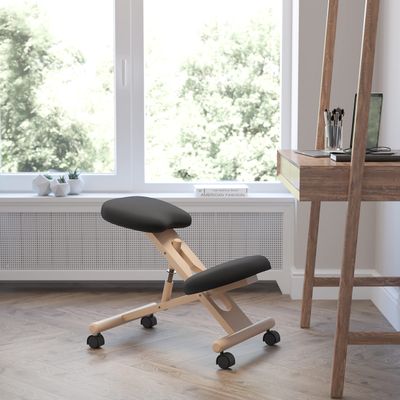 BizChair Mobile Wooden Ergonomic Kneeling Office Chair in Black Fabric