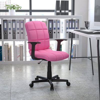 BizChair Mid-Back Pink Quilted Vinyl Swivel Task Office Chair with Arms